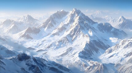 Obraz premium A stunning hyper-realistic illustration of a snowy mountain range, crisp air and clear skies, high quality, sharp images