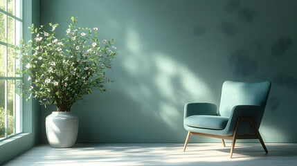 Relaxing Living Room Decor with Green Walls, White Flowers, and a Comfortable Chair