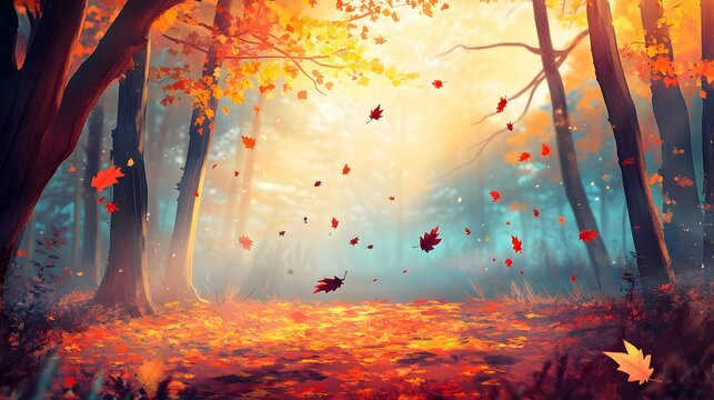Beautiful illustration of a colorful autumn forest with falling leaves, hyper real, sharp images, high quality
