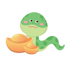 Playful and cute snake character or mascot with gold ingot, reptile, rich, chinese new year vector cartoon character