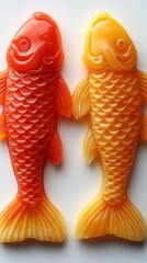 Two Sculpted Fish, One Orange and One Yellow, on a White Background