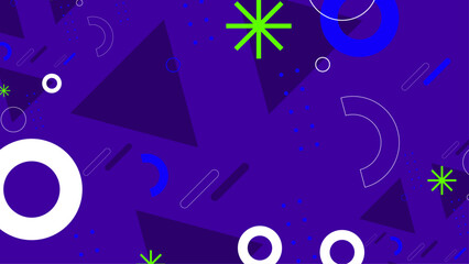 Abstract geometric shapes in vibrant colors on a dynamic purple background. A colorful and dynamic abstract design featuring various geometric shapes such as circles and triangles