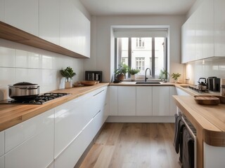 Fototapeta premium Modern Kitchen with White Cabinets, Wooden Countertops, and Window View