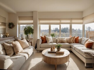 Fototapeta premium Modern Living Room with White Sectional Sofa, Wooden Coffee Table, and Natural Light