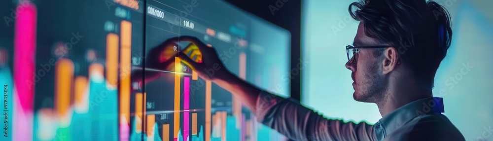 Poster businessman analyzing financial data on digital screen with interactive graphs, illustrating data an