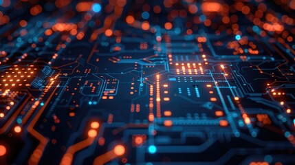 Obraz premium Close-up of an electronic circuit board with glowing blue and orange lights, on a dark background. Concept of technology and innovation.