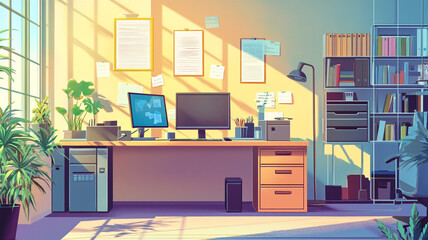 Bright and organized workspace with plants, computer, and shelves in a sunlit room