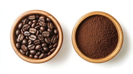 Fototapeta premium 7. Flat lay of a wooden bowl filled with roasted coffee beans next to a bowl of rich coffee powder, isolated on a clean white background