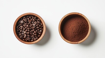 Fototapeta premium 8. Artistic flat lay composition of roasted coffee beans and coffee powder in wooden bowls, set against a stark white background for a minimalist look