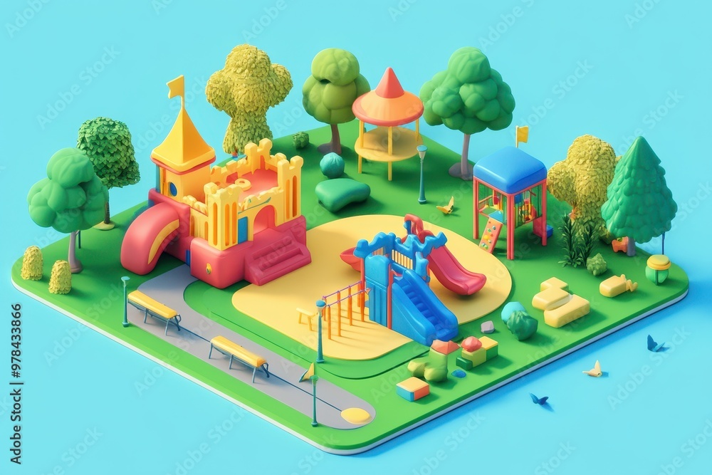 Poster a colorful playground scene featuring slides, swings, and play structures surrounded by trees.