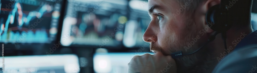 Poster focused trader analyzing stock market data on multiple screens in a high-tech control center.