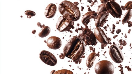 Obraz premium 21. Close-up shot of coffee beans breaking apart mid-air, with fragments and whole beans suspended against a white background, creating an explosive visual effect