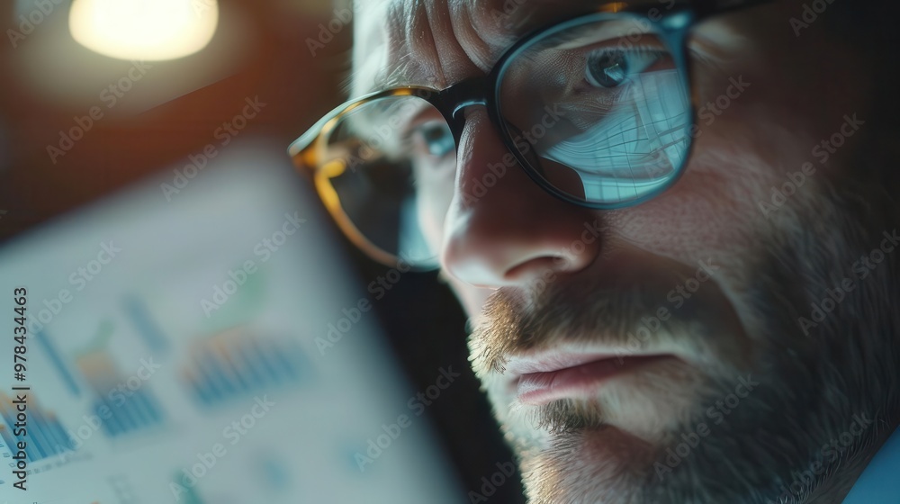 Poster focused man with glasses analyzing data charts, deep in thought and concentration, showcasing the in