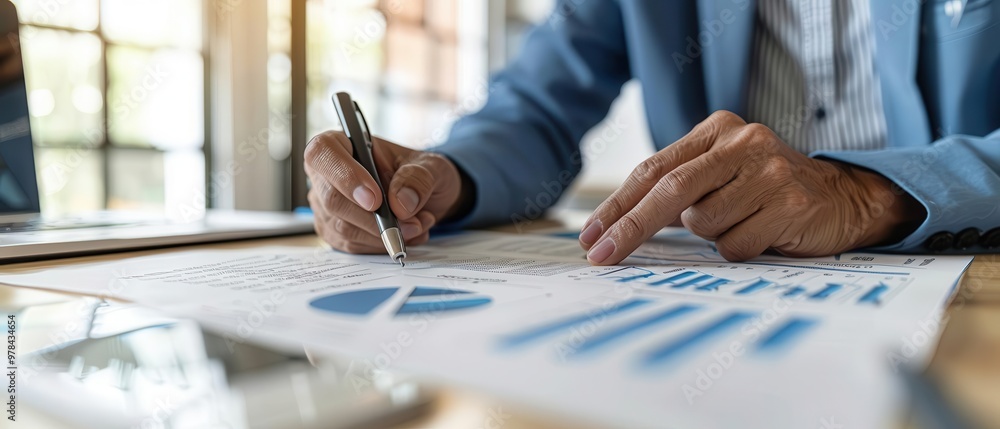 Poster business professional analyzing financial charts, using a pen to point out data while working in a m