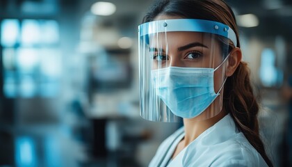 Healthcare worker wearing a face shield and mask in a modern medical environment, exemplifying safety and hygiene.