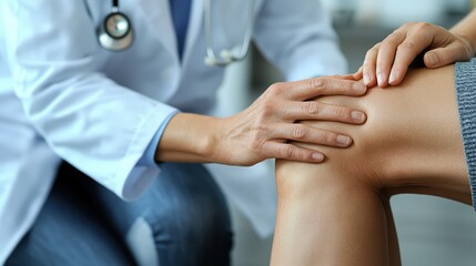 Doctor performing a knee examination on a patient in a medical setting, highlighting healthcare and professional care in orthopedics.