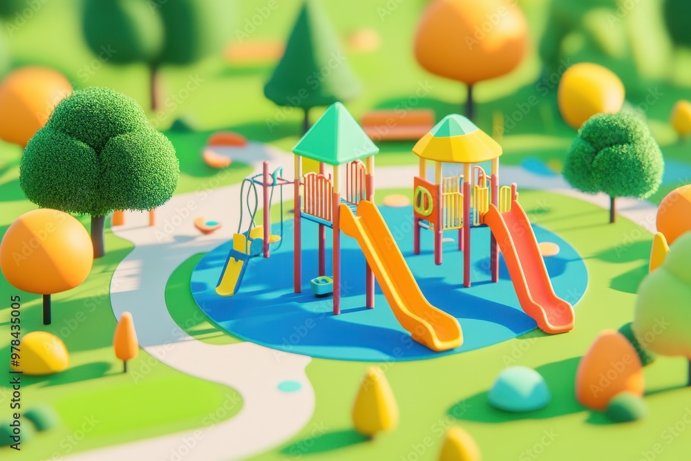 Poster a colorful playground with slides and swings in a vibrant park setting.