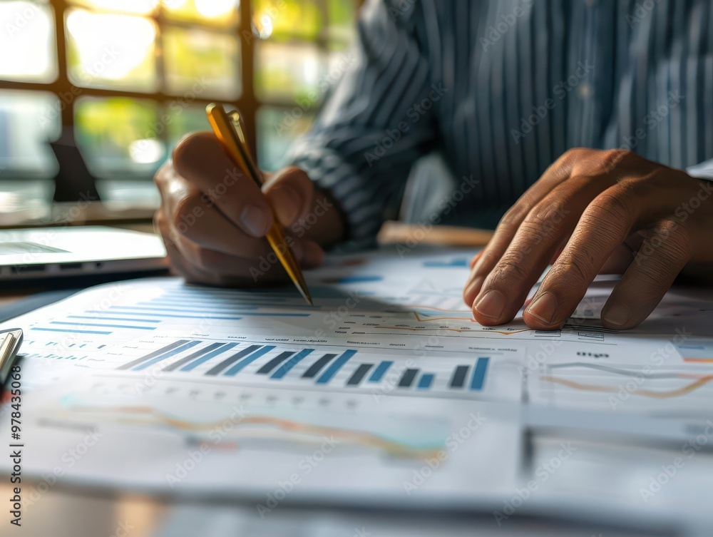 Poster close-up of a person analyzing financial graphs and charts on paper at a desk, illustrating business