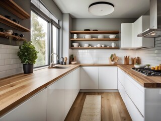 Fototapeta premium Modern Kitchen with White Cabinets, Wood Countertops, and a Window