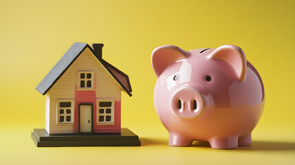 A piggy bank next to a miniature house, symbolizing saving for a home