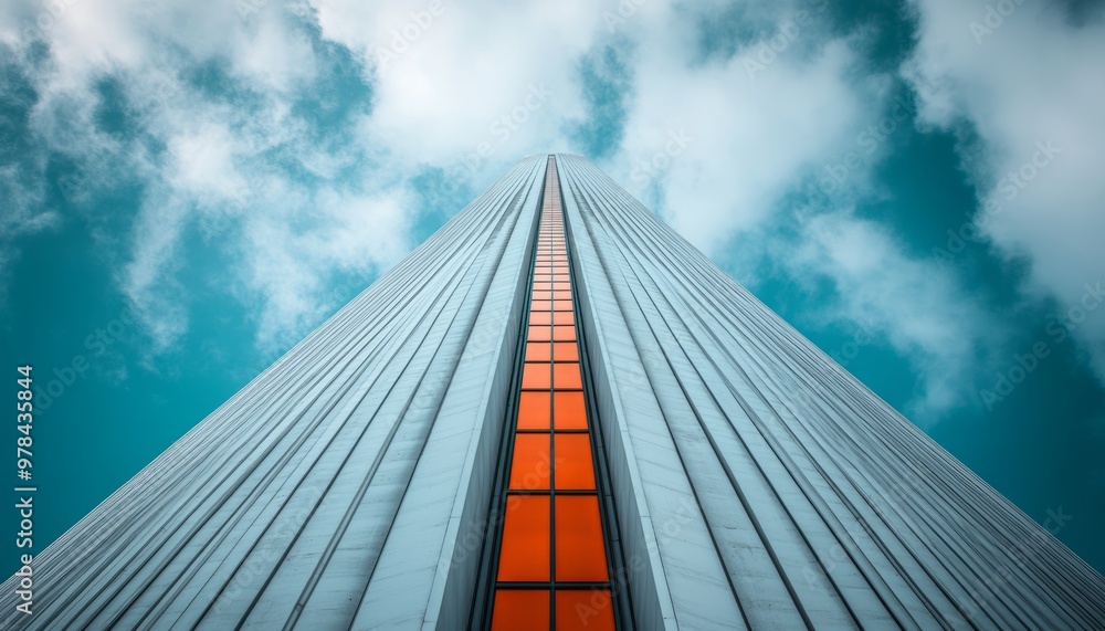 Wall mural low angle view of a tall building with orange windows against a blue sky