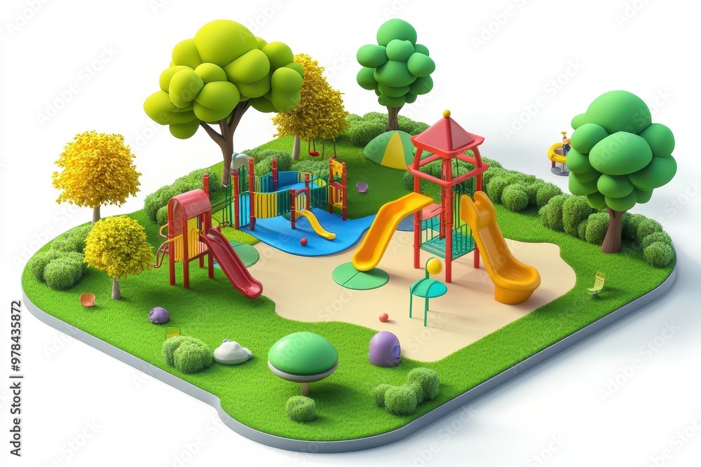 Poster a colorful playground with slides, climbing structures, and trees in a vibrant outdoor setting.