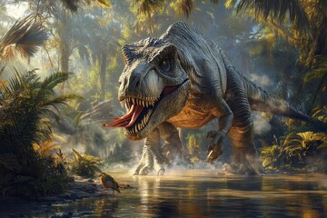 Fototapeta premium A fierce dinosaur emerges from a lush jungle, showcasing its grandeur and power in a prehistoric landscape filled with vibrant life.