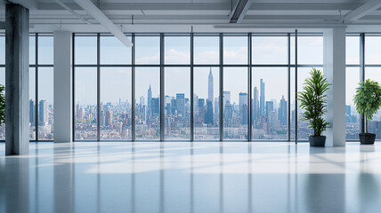 Modern office interior with expansive windows showcasing a city skyline view during daylight