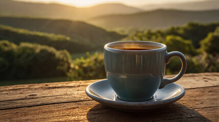 Ceramic coffee cup with a smooth, rounded rim, softly lit by the golden morning light, placed centrally above a rustic, weathered wooden table