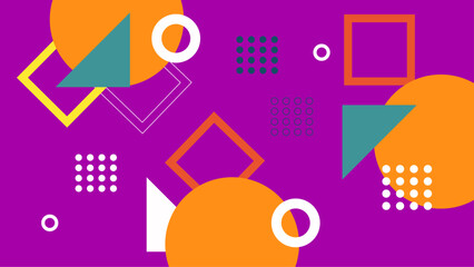 Obraz premium Vibrant abstract geometric pattern with colorful shapes on a purple background. This eye-catching abstract design features an array of geometric shapes including circles triangles and squares