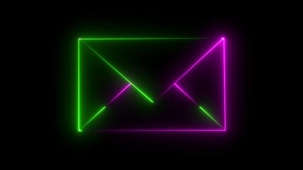 Bright pink and green message icon. Neon line message icon with neon circle animation on black background. Indicates message, letter, news icon. Neon animation 4k video.