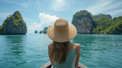 102. Joyful traveler woman on a boat, soaking in the stunning nature and group of small islands in the Andaman Sea, Krabi, capturing the spirit of a summer holiday vacation in Phuket, Thailand