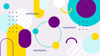 Colorful abstract geometric shapes pattern with circles lines and dots in vibrant yellow purple and blue tones. This vibrant abstract design features an array of geometric shapes
