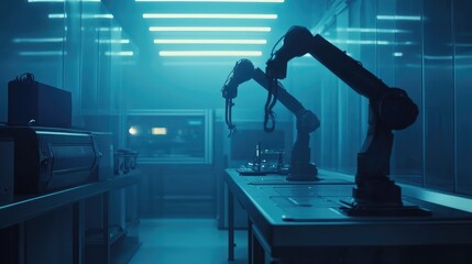 Robotics Automation: Industrial Robot Arm in a Modern Factory Setting