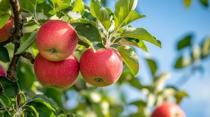 131. Branch laden with ripe red apples in a lush garden, with vibrant green leaves and a clear blue sky in the background, epitomizing the abundance of an apple tree in full bloom