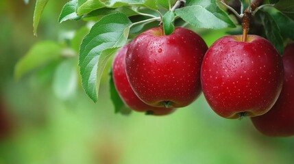 132. Close-up of red apples hanging from a branch in an orchard, surrounded by healthy green foliage, capturing the essence of a fruitful apple tree in a garden setting