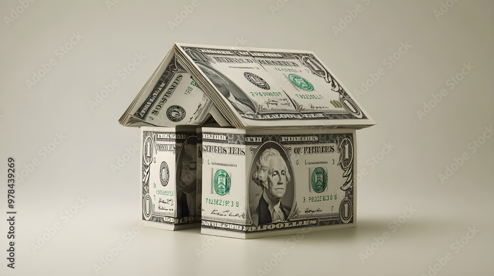 Poster folded dollar bills arranged into the shape of a house, emphasizing the concept of saving
