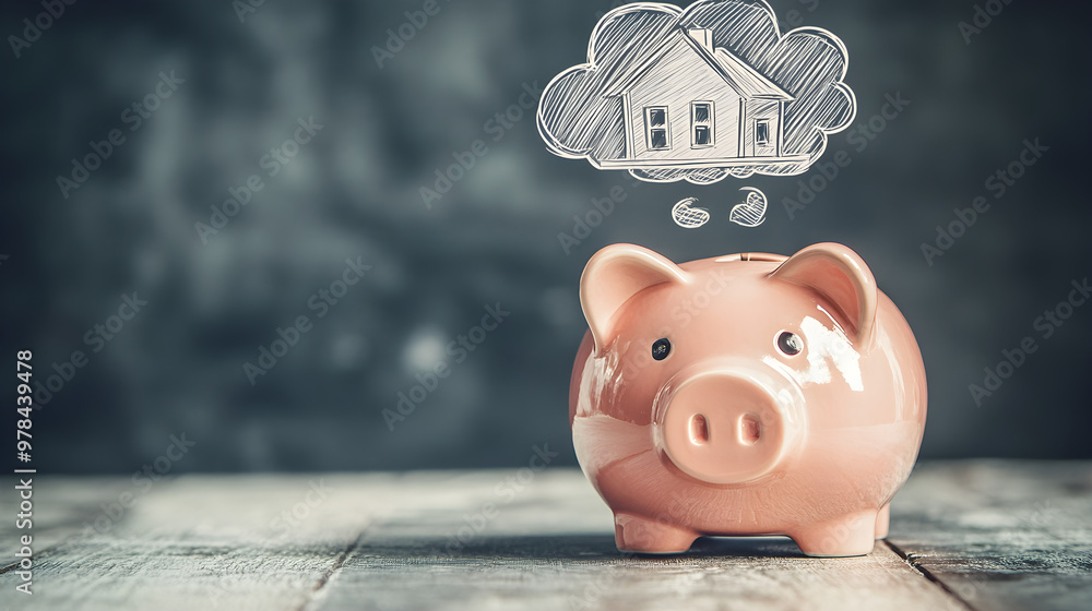 Poster a piggy bank with a thought bubble or sketch of a house floating above it