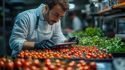 Chef's Digital Touch: Culinary Innovation in Action - A focused chef meticulously inspects fresh produce, utilizing a digital tablet to enhance his culinary creations in a modern kitchen setting. 