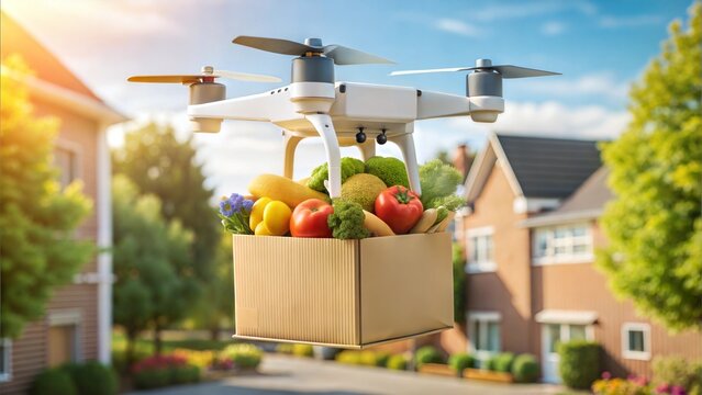 Drone delivering a package of fresh groceries to a doorstep, food delivery, technology in food distribution