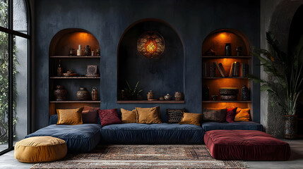 Decorate Living Room with Moroccan Style,  Arched Niches and Blue Velvet Sofa