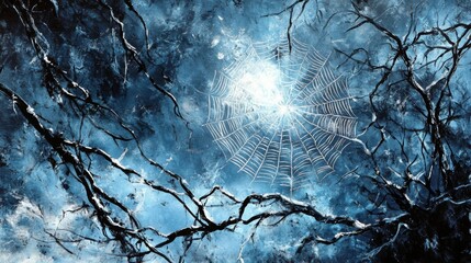A mystical scene featuring a spider web against a dark, blue-toned background.