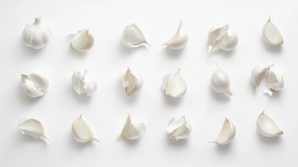 149. Artistic flat lay of garlic cloves isolated on a white background, with the simplicity and detail of each clove creating a striking visual