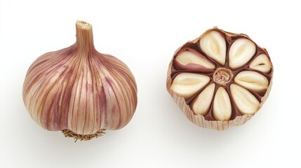 Obraz premium 151. Top view of a whole garlic bulb and a half-cut bulb on a white background, showcasing the intricate layers and textures of the garlic