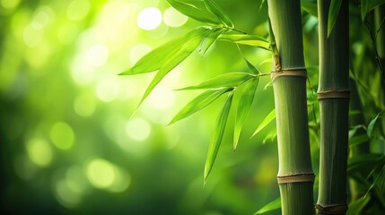 Closeup View of Green Bamboo Stalks with Lush Leaves, Nature's Beauty and Serenity