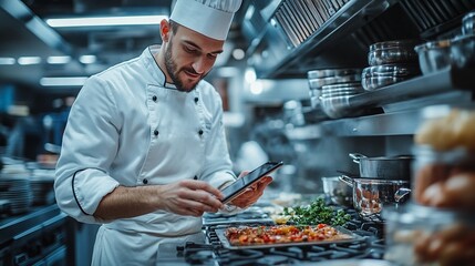 Chef's Digital Precision: A focused chef in a professional kitchen utilizes a digital tablet to refine his culinary masterpiece.  The image captures the blend of tradition and technology in modern.