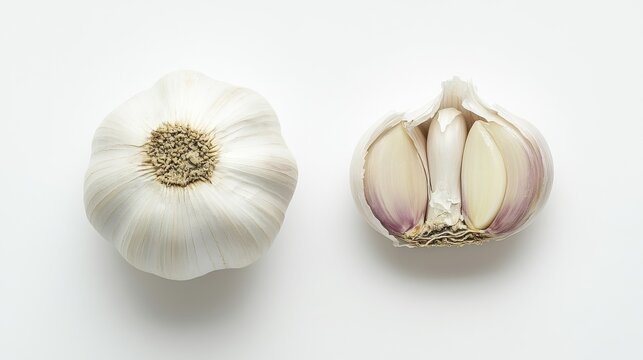 151. Top view of a whole garlic bulb and a half-cut bulb on a white background, showcasing the intricate layers and textures of the garlic