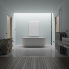 modern bathroom showroom interior background with poster mockup. 3d rendering