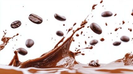 5. Close-up shot of coffee splashing with individual beans floating in the air, creating a dynamic composition on a white background