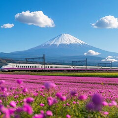 Shibazakura full bloom field in front of JR Railway and Mt.Fuji with clear sunny blue sky and white cloud, Shizuoka, Japan.